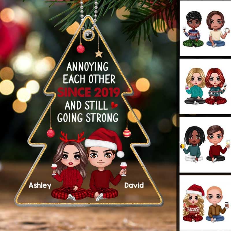 Annoying Each Other Doll Couple Christmas Tree Shape Personalized Acrylic Ornament - Image 3