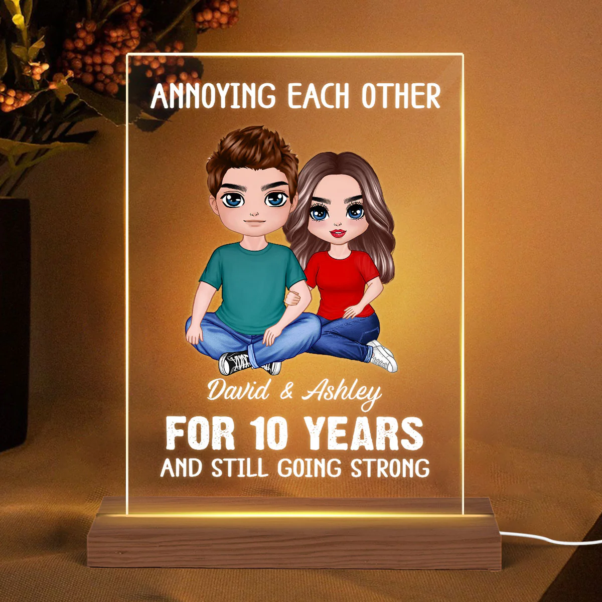 Annoying Each Other Embracing Doll Couple Sitting Personalized Rectangle Acrylic Plaque LED Lamp Night Light