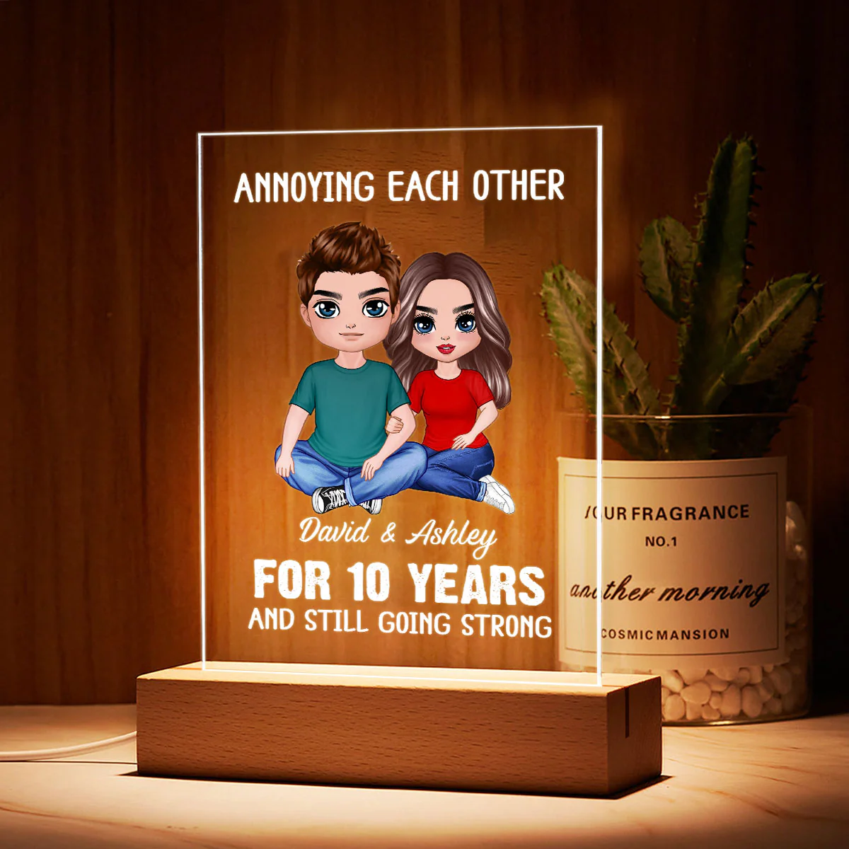 Annoying Each Other Embracing Doll Couple Sitting Personalized Rectangle Acrylic Plaque LED Lamp Night Light - Image 3