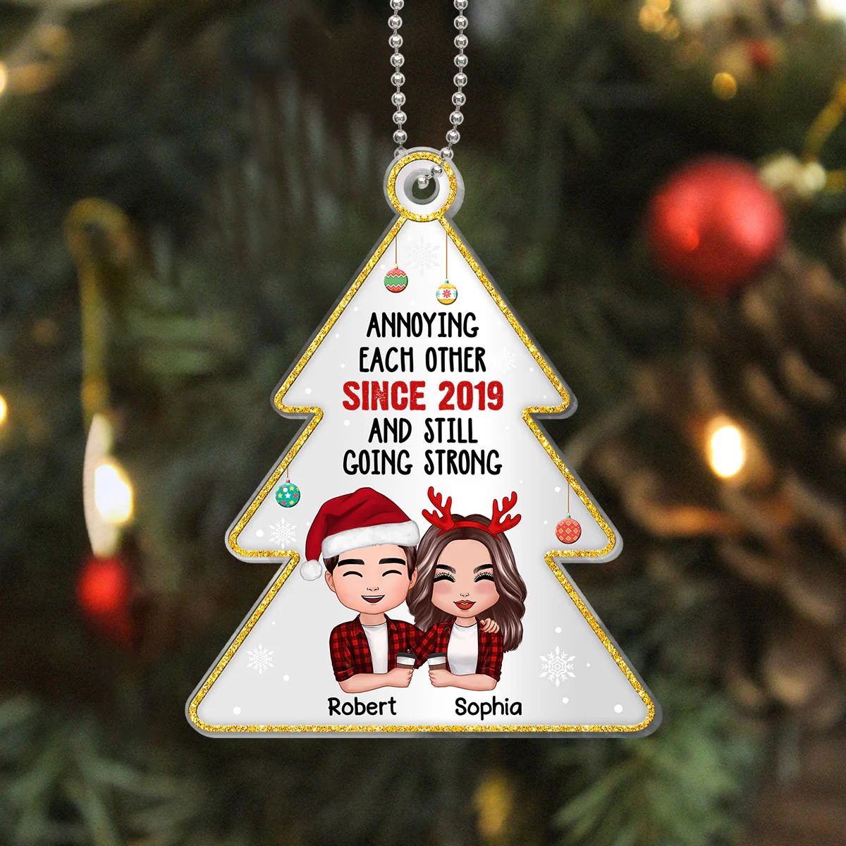 Annoying Each Other Since Doll Couple Hugging Holding Drinks Personalized Christmas Tree Shaped Acrylic Ornament - Image 3