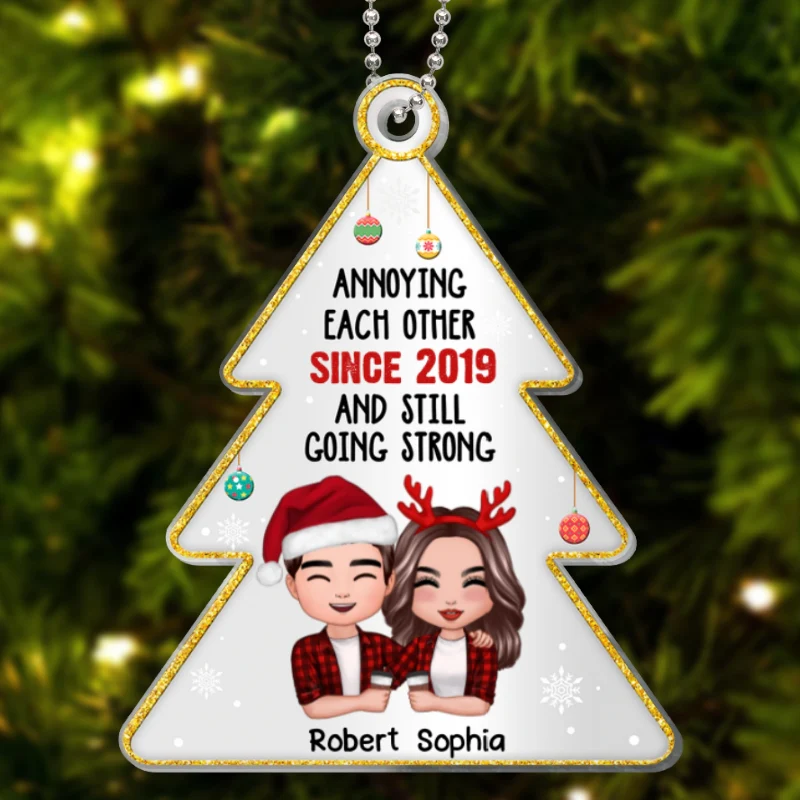 Annoying Each Other Since Doll Couple Hugging Holding Drinks Personalized Christmas Tree Shaped Acrylic Ornament - Image 4