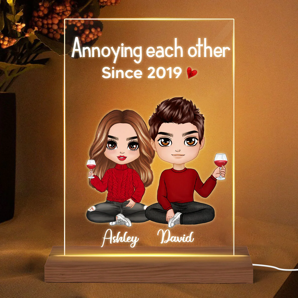 Annoying Each Other Since Doll Couple Sitting - Personalized Acrylic Block Plaque LED Night Light - Anniversary Gift For Him, Gift For Her - Image 2