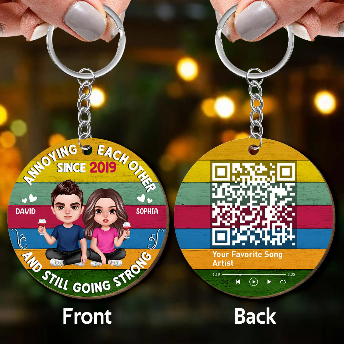 Annoying Each Other Since Retro Realistic Couple Favorite Song Scannable QR Code Personalized Wooden Keychain - Image 3