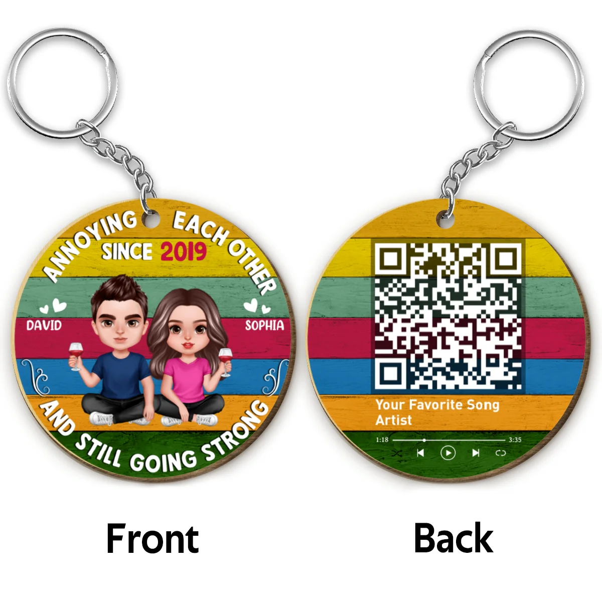 Annoying Each Other Since Retro Realistic Couple Favorite Song Scannable QR Code Personalized Wooden Keychain - Image 4