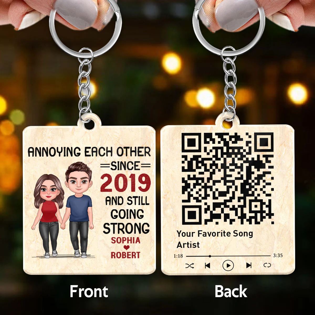 Annoying Each Other Standing Couple Personalized Favorite Song QR Code Personalized Acrylic Keychain - Image 3