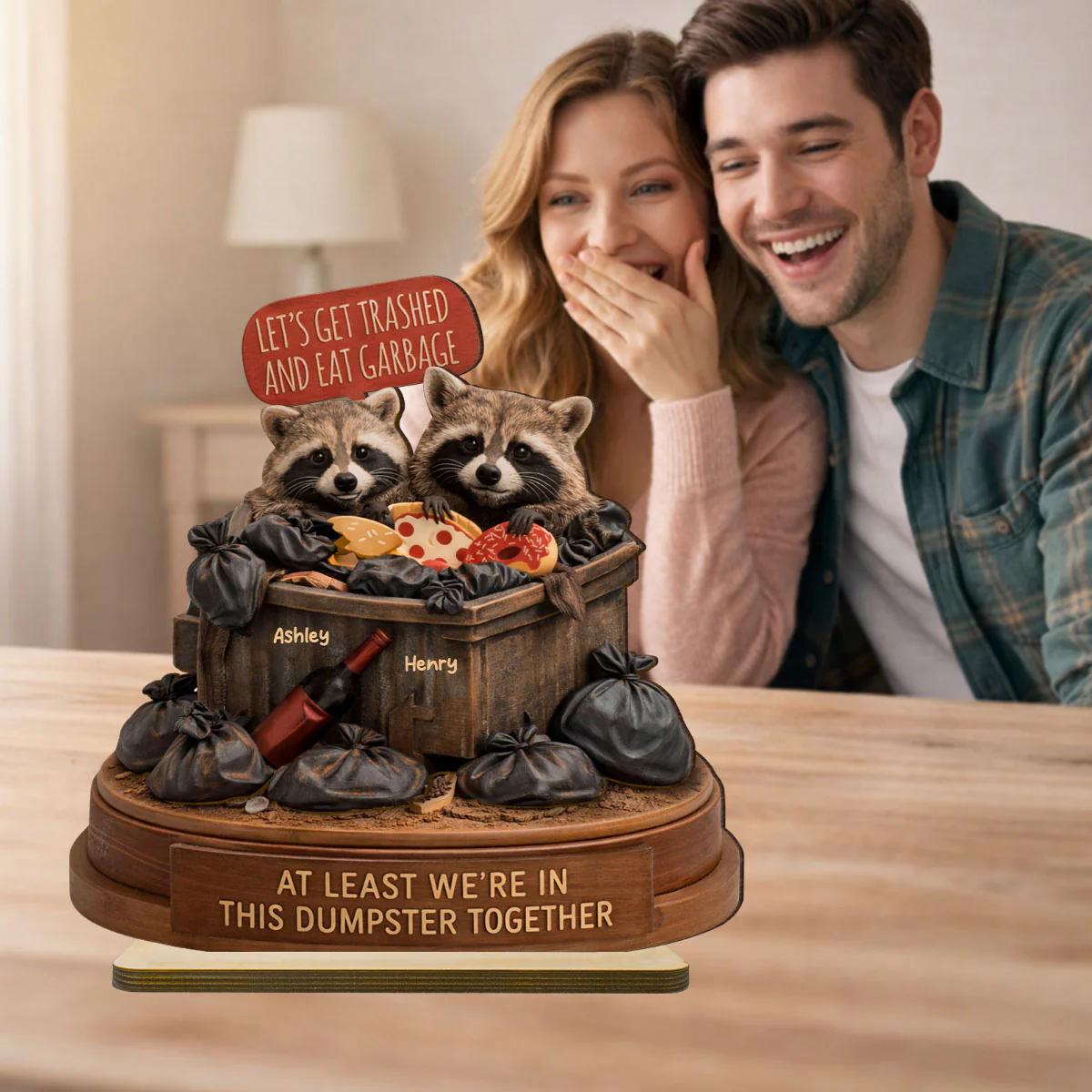 At Least We're In This Dumpster Together Funny Raccoon Couple - Personalized 2-Layered Wooden Plaque - Valentine's Day Gift for him, for her - Image 6