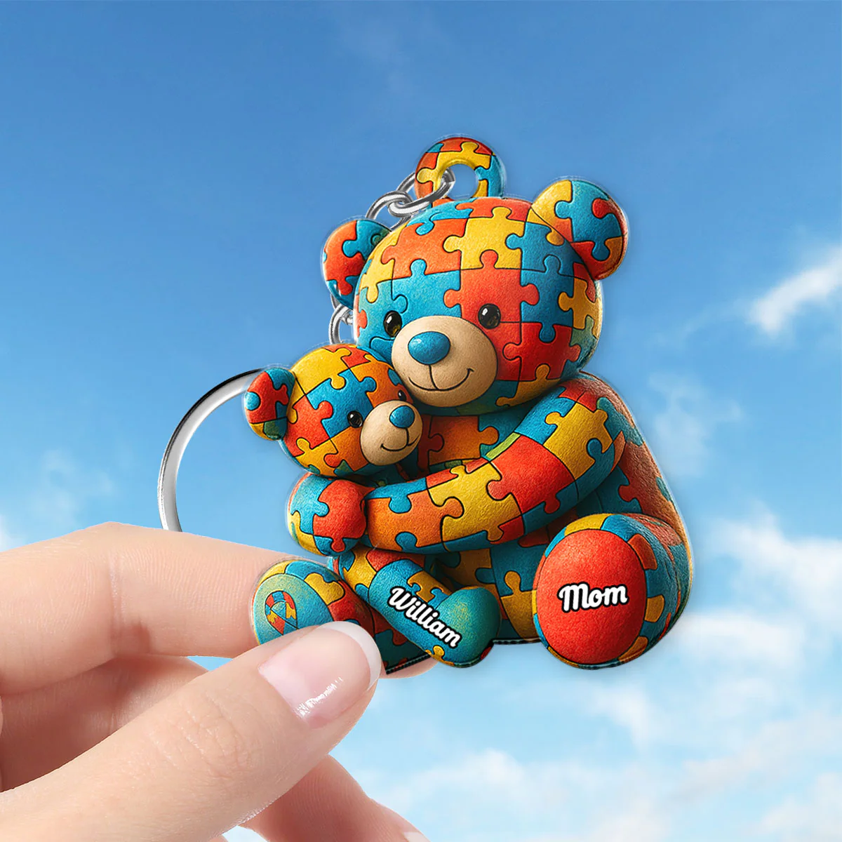Autism Bear Mom & Kid Autism Awareness Personalized Acrylic Keychain - Image 2