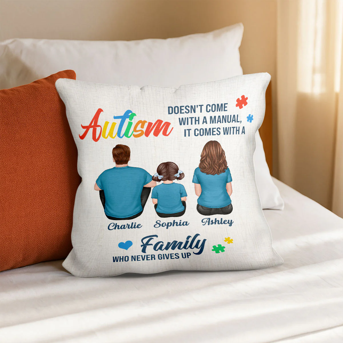 Autism Comes With A Family Never Give Up Family Back View Personalized Pillow - Image 8