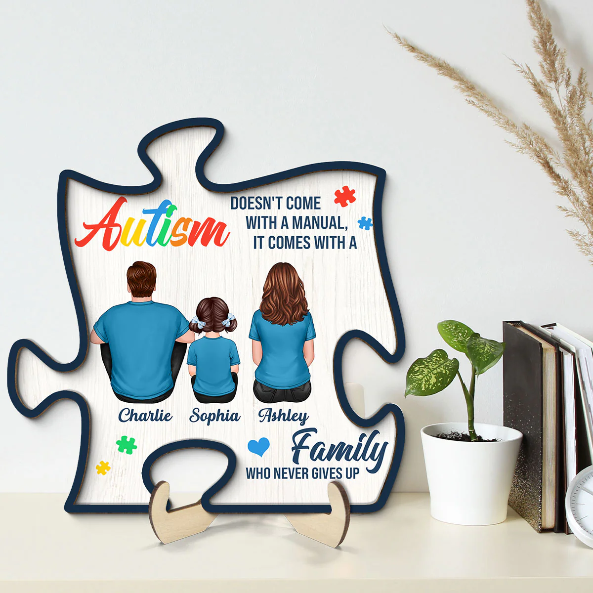 Autism Comes With A Family Never Give Up Family Back View Personalized Puzzle Shaped 2-Layer Wooden Plaque - Image 3