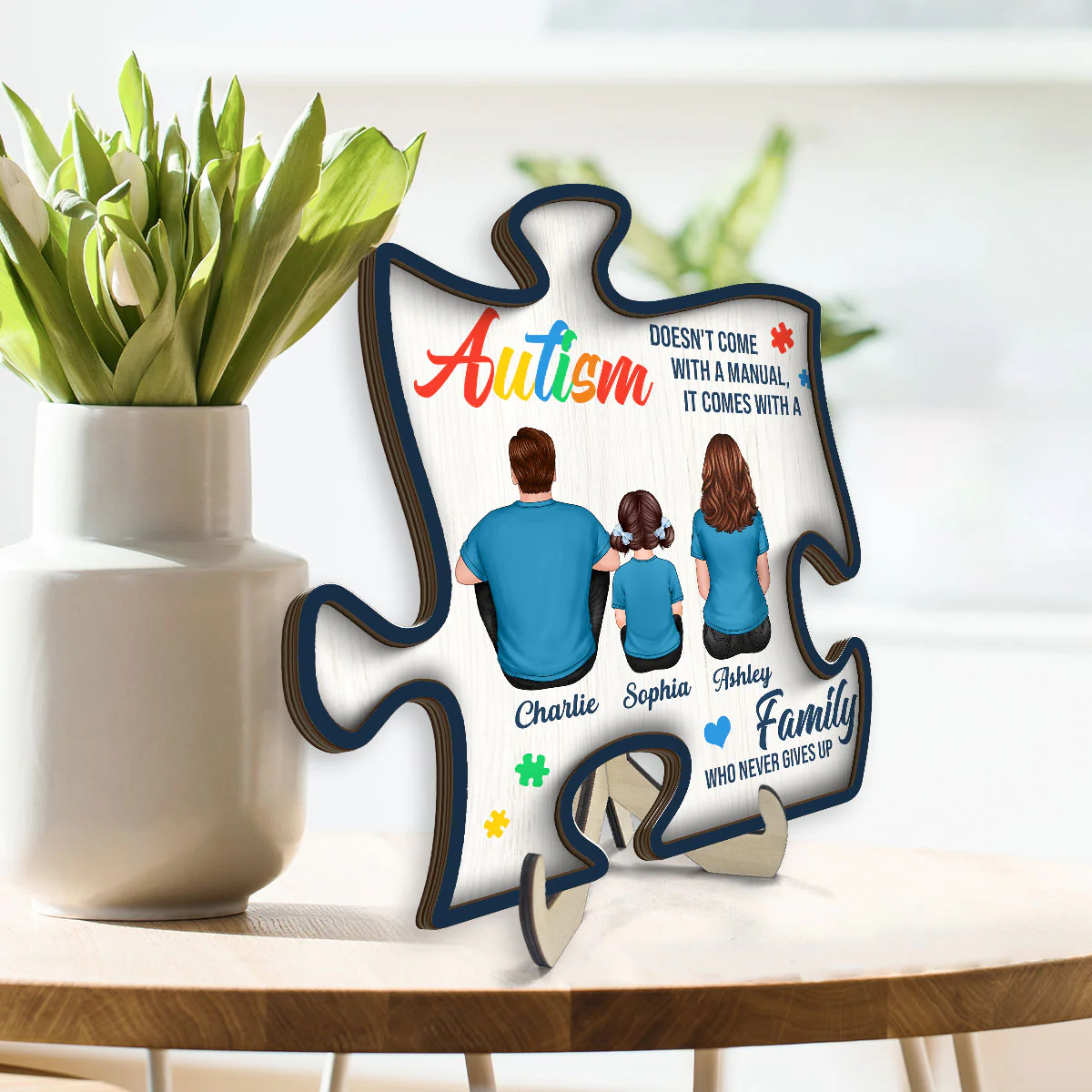 Autism Comes With A Family Never Give Up Family Back View Personalized Puzzle Shaped 2-Layer Wooden Plaque - Image 4