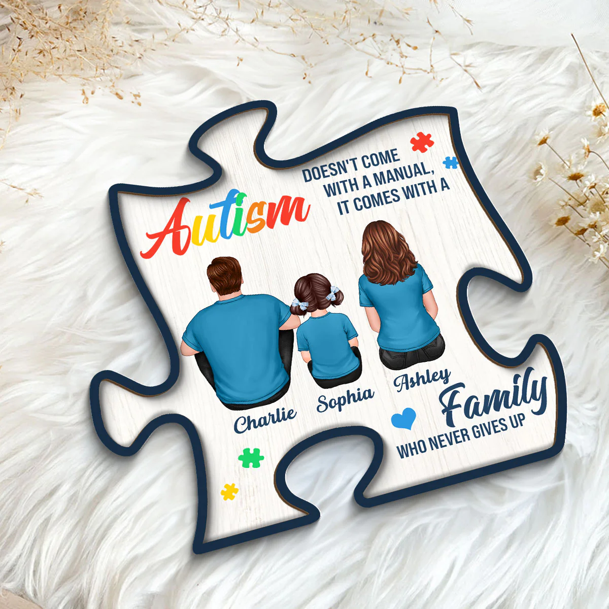 Autism Comes With A Family Never Give Up Family Back View Personalized Puzzle Shaped 2-Layer Wooden Plaque - Image 6