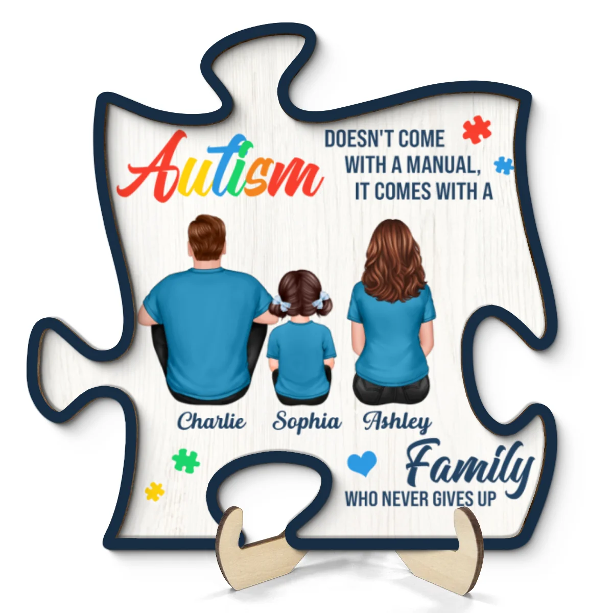 Autism Comes With A Family Never Give Up Family Back View Personalized Puzzle Shaped 2-Layer Wooden Plaque - Image 9