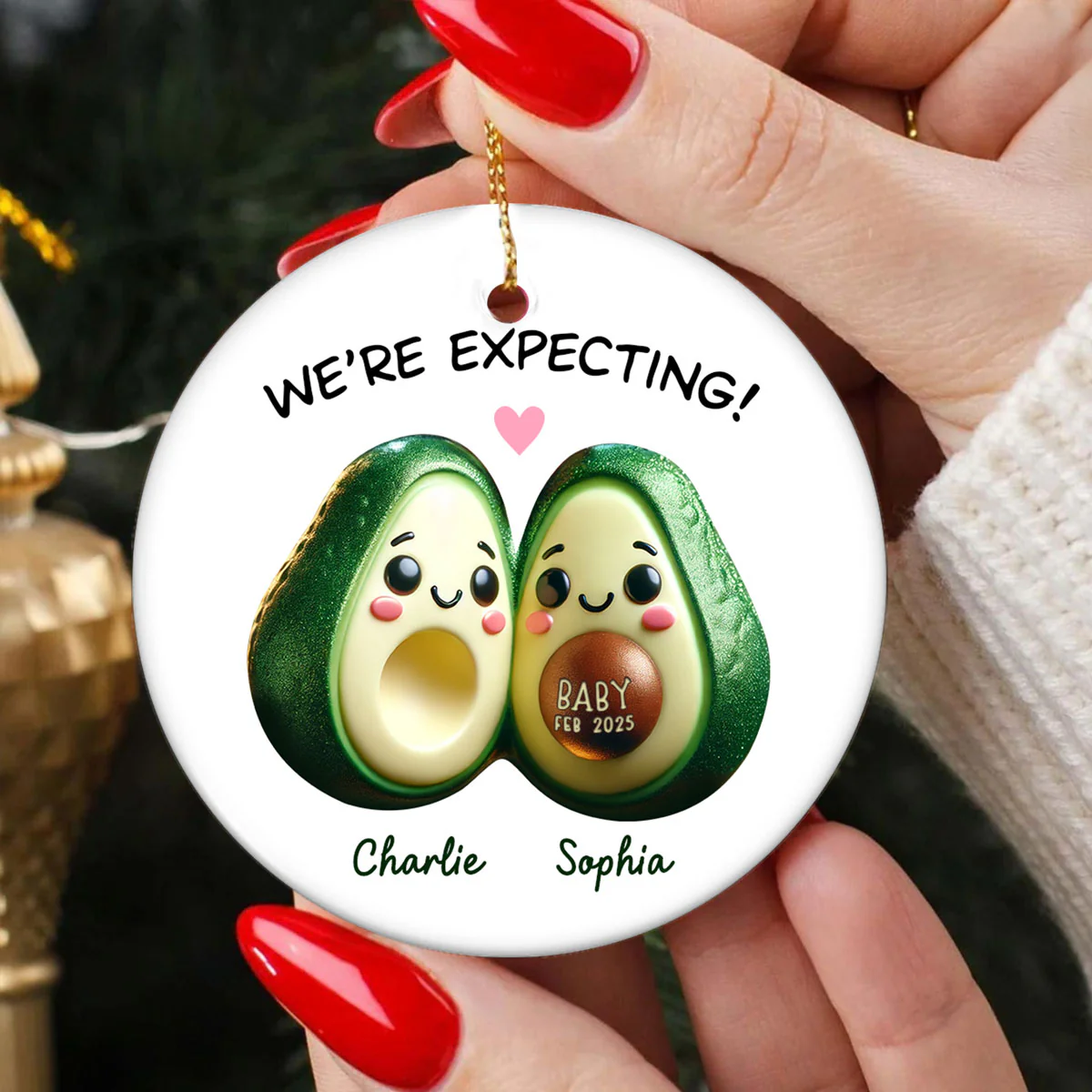 Avocado Couple Expecting Parents Pregnancy Announcement 3D Effect Keepsake Personalized Ceramic Flat Ornament - Image 7