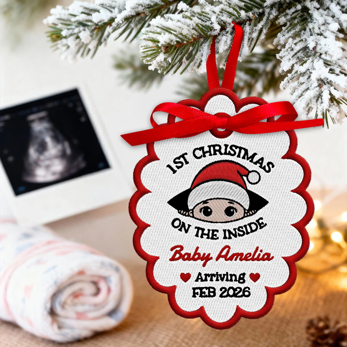 Baby 1st Christmas On The Inside - Personalized Embroidered Ornament - Custom Pregnancy Reveal Ornament, Expecting Parents - Image 9