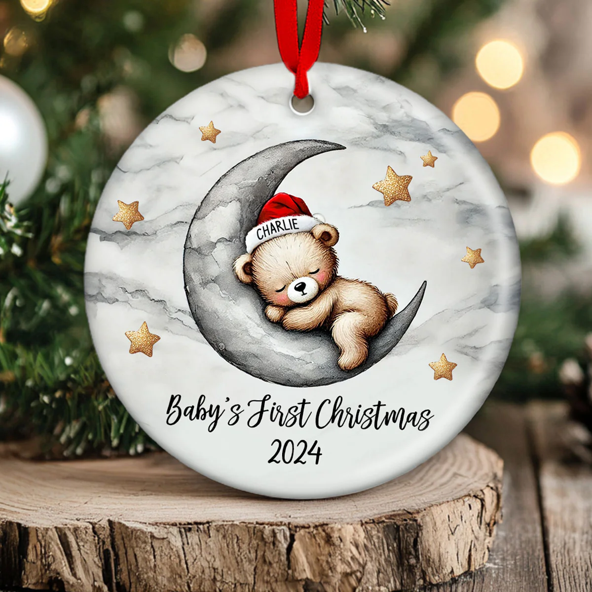 Baby Bear On The Moon, Baby's First Christmas Personalized Ceramic Ornament, Christmas Keepsake for Baby Boy, Baby Girl