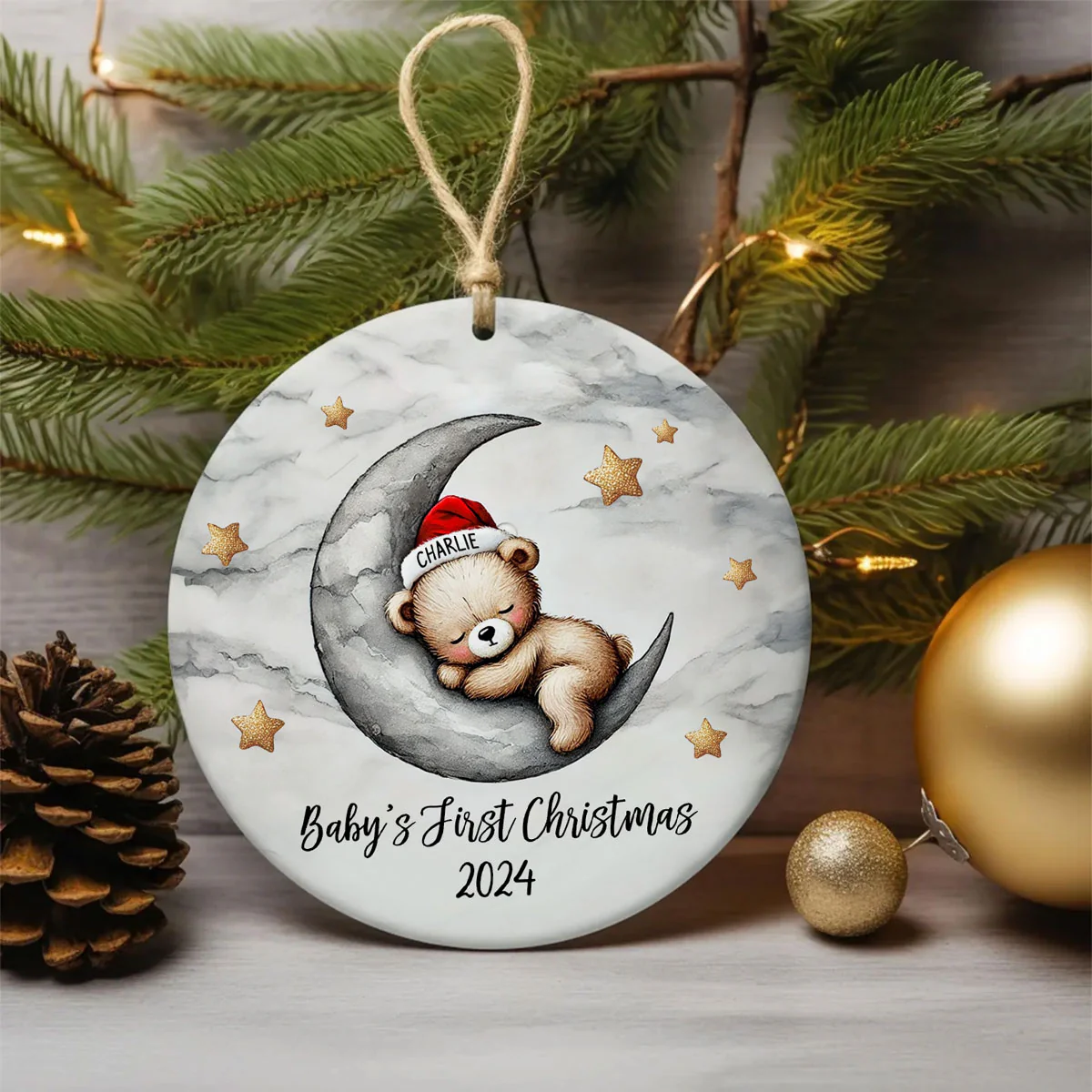 Baby Bear On The Moon, Baby's First Christmas Personalized Ceramic Ornament, Christmas Keepsake for Baby Boy, Baby Girl - Image 4