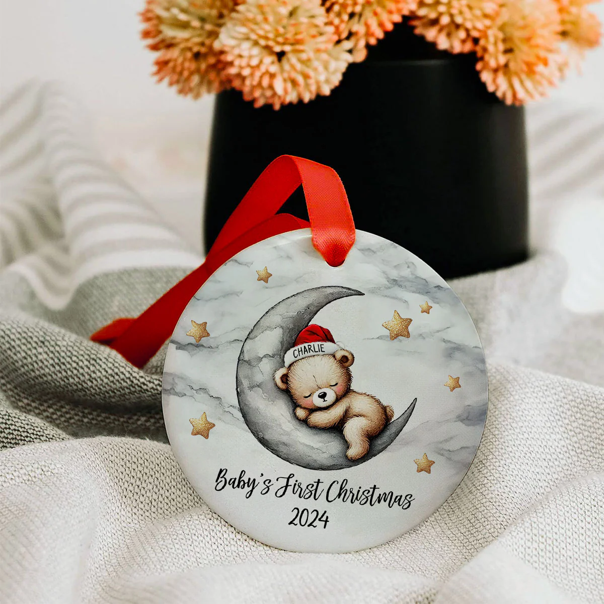 Baby Bear On The Moon, Baby's First Christmas Personalized Ceramic Ornament, Christmas Keepsake for Baby Boy, Baby Girl - Image 6