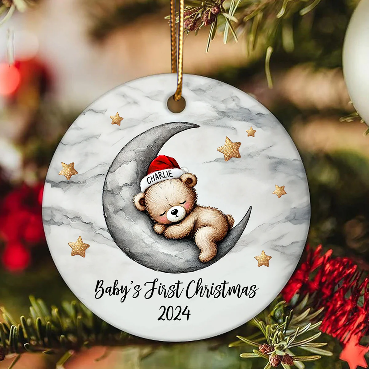 Baby Bear On The Moon, Baby's First Christmas Personalized Ceramic Ornament, Christmas Keepsake for Baby Boy, Baby Girl - Image 7