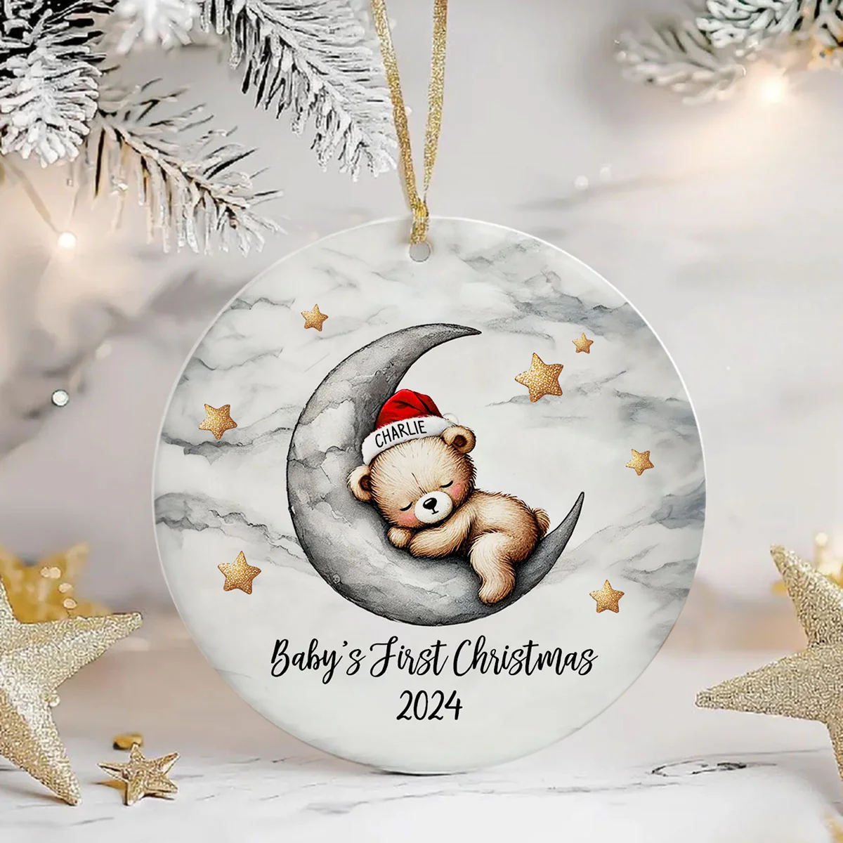 Baby Bear On The Moon, Baby's First Christmas Personalized Ceramic Ornament, Christmas Keepsake for Baby Boy, Baby Girl - Image 8
