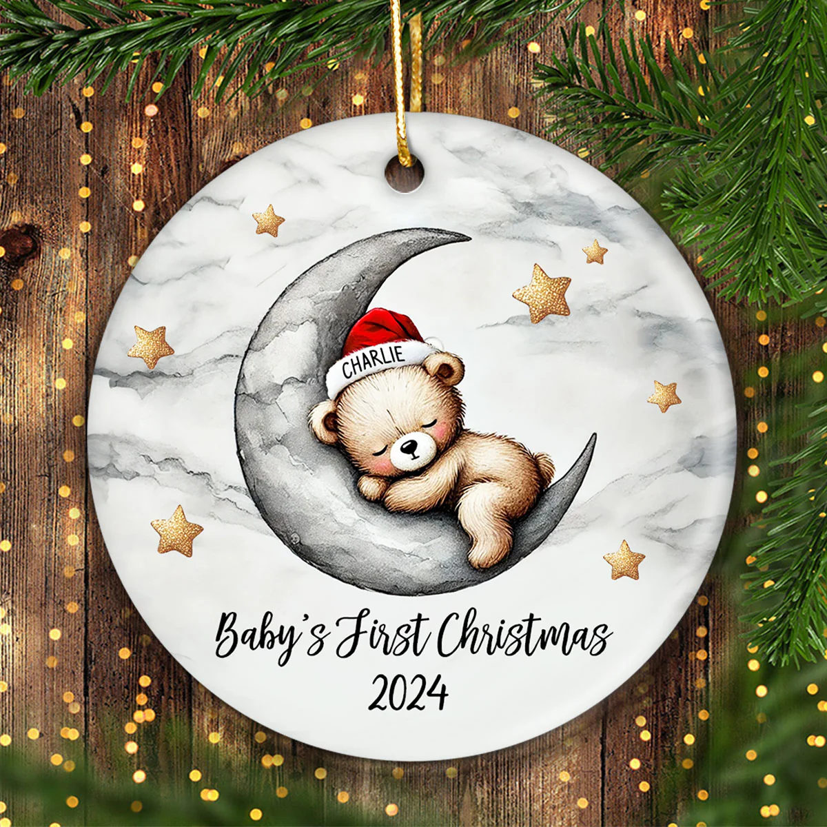 Baby Bear On The Moon, Baby's First Christmas Personalized Ceramic Ornament, Christmas Keepsake for Baby Boy, Baby Girl - Image 9