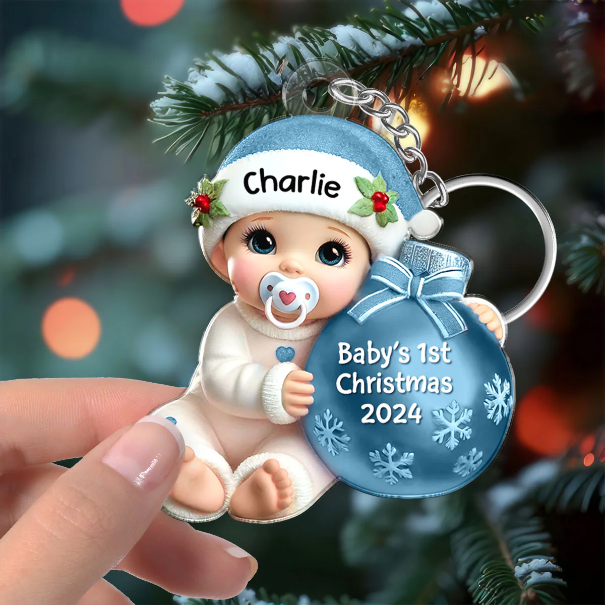 Baby Beside Christmas Bauble Baby's First Christmas Personalized Flat Acrylic Keychain - Image 4
