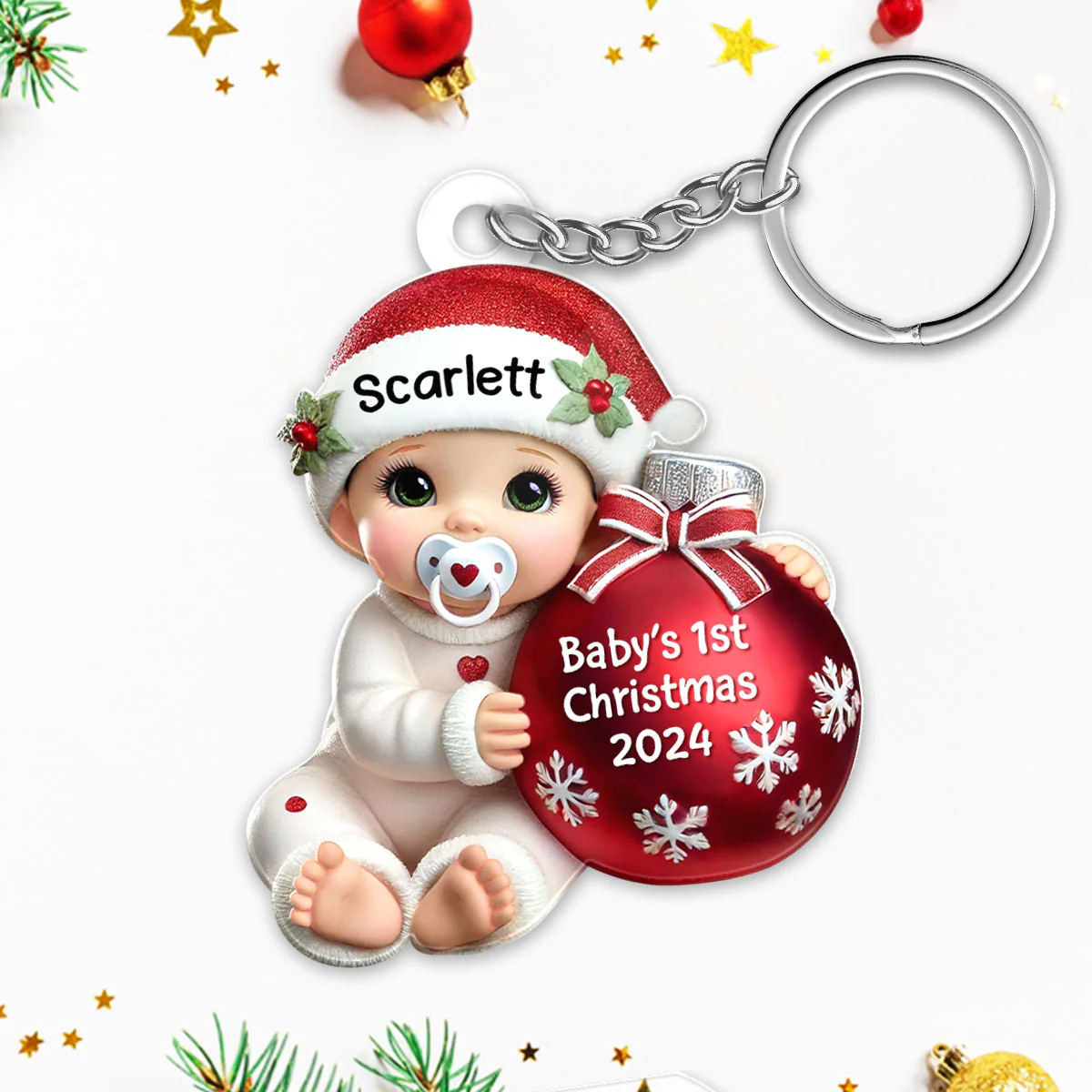 Baby Beside Christmas Bauble Baby's First Christmas Personalized Flat Acrylic Keychain - Image 5