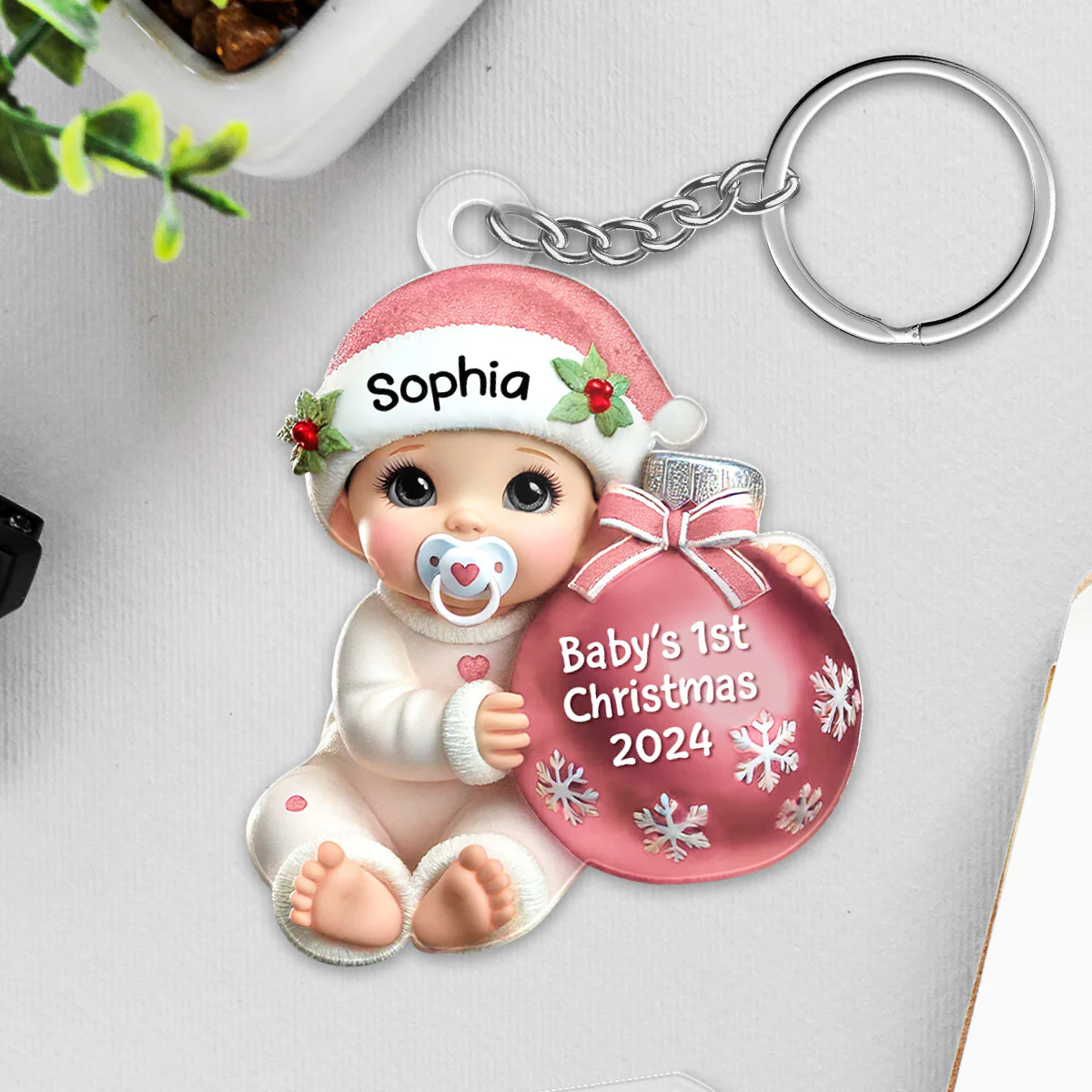 Baby Beside Christmas Bauble Baby's First Christmas Personalized Flat Acrylic Keychain - Image 6