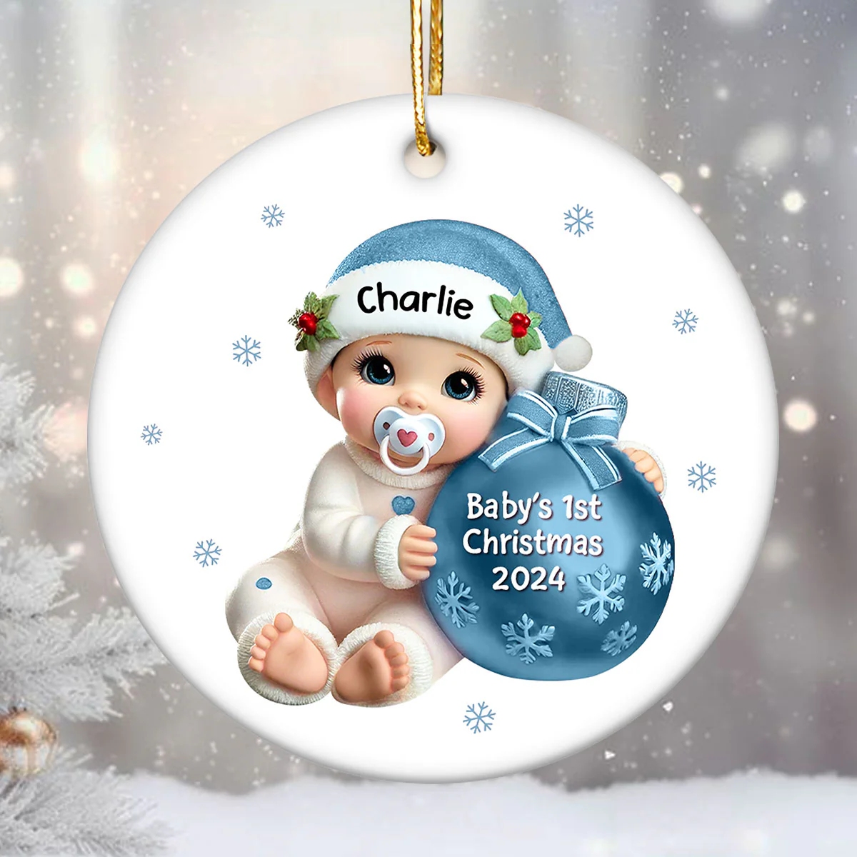 Baby Beside Christmas Bauble Baby's First Christmas Personalized Flat Ceramic Ornament - Image 2
