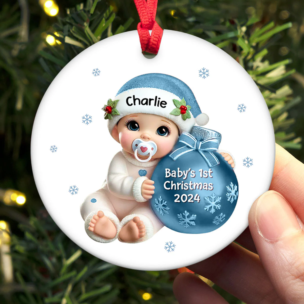 Baby Beside Christmas Bauble Baby's First Christmas Personalized Flat Ceramic Ornament - Image 3