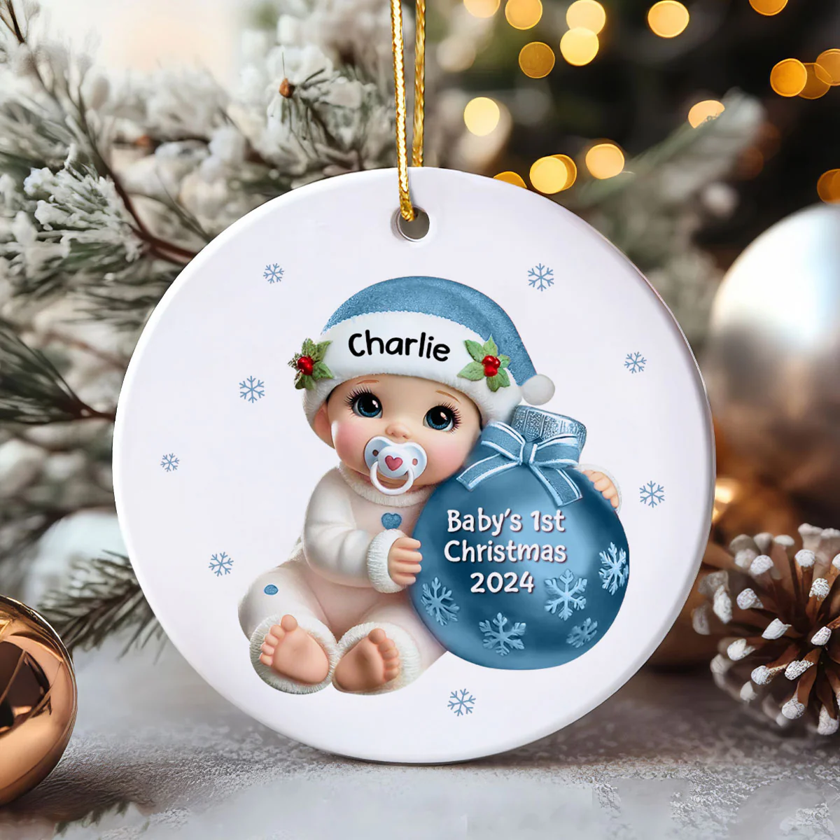 Baby Beside Christmas Bauble Baby's First Christmas Personalized Flat Ceramic Ornament - Image 4