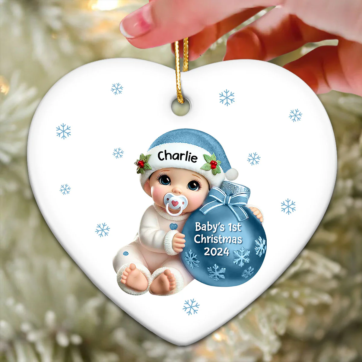 Baby Beside Christmas Bauble Baby's First Christmas Personalized Flat Heart Ceramic Ornament - Image 3