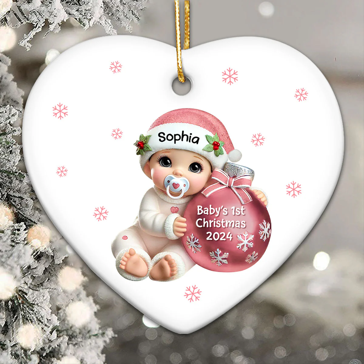 Baby Beside Christmas Bauble Baby's First Christmas Personalized Flat Heart Ceramic Ornament - Image 4