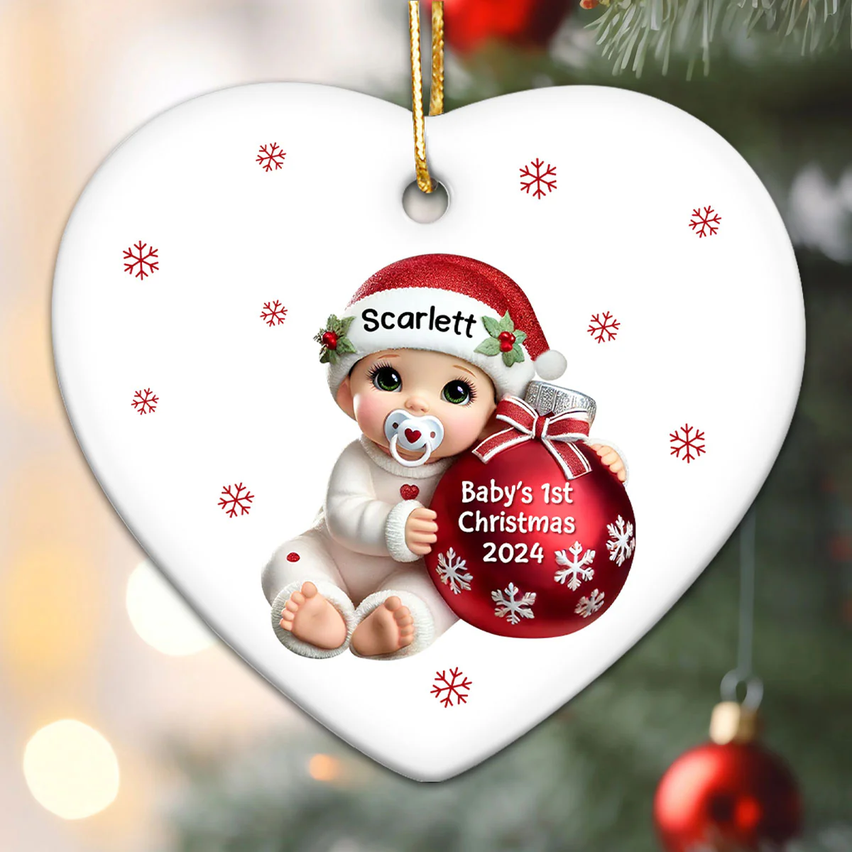 Baby Beside Christmas Bauble Baby's First Christmas Personalized Flat Heart Ceramic Ornament - Image 5