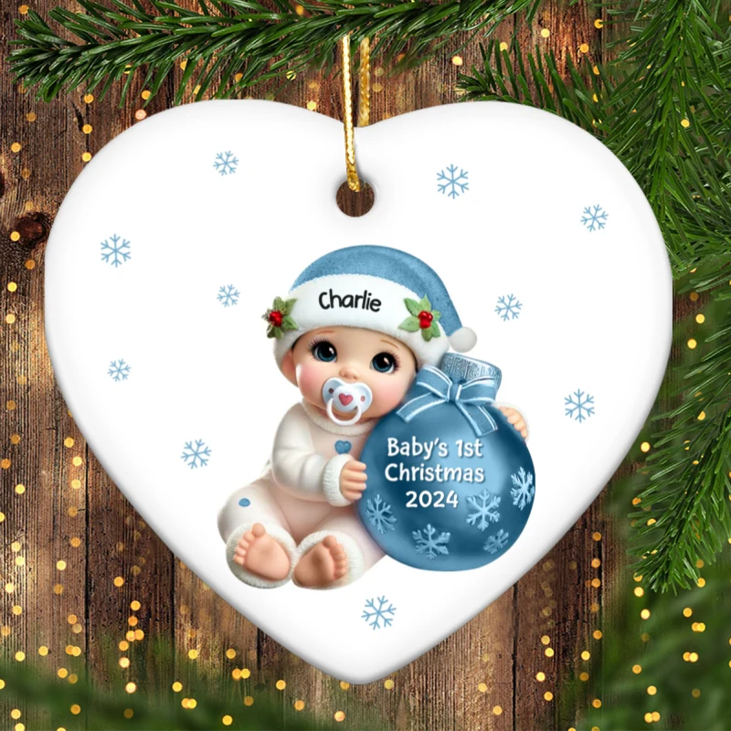 Baby Beside Christmas Bauble Baby's First Christmas Personalized Flat Heart Ceramic Ornament - Image 7