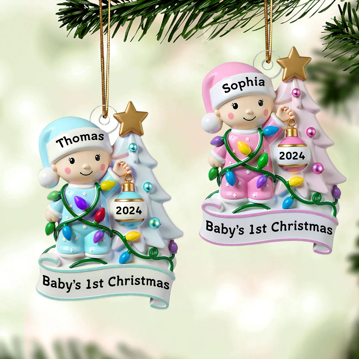 Baby Beside Christmas Tree 3D Effect Baby's First Christmas Personalized Acrylic Flat Ornament - Image 2