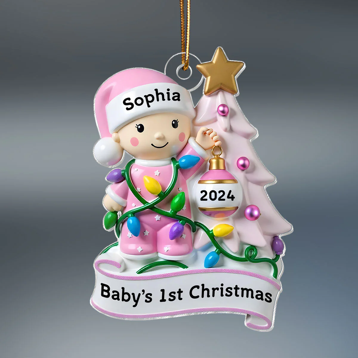 Baby Beside Christmas Tree 3D Effect Baby's First Christmas Personalized Acrylic Flat Ornament - Image 3
