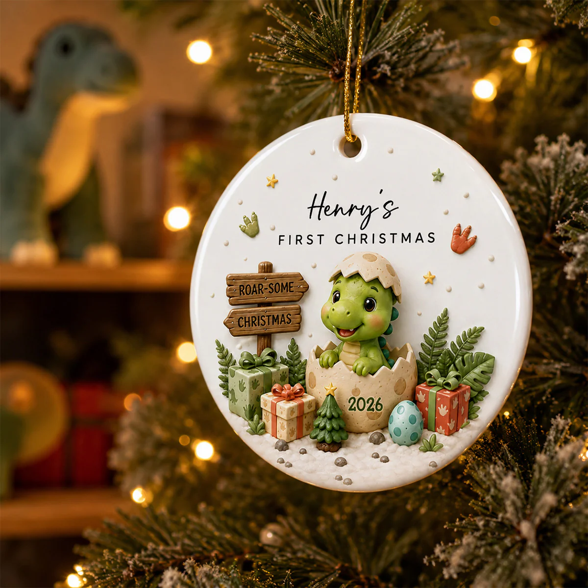 Baby Dinosaur First Christmas 2D Flat - Personalized Ceramic Ornament - Christmas Keepsake - Image 2