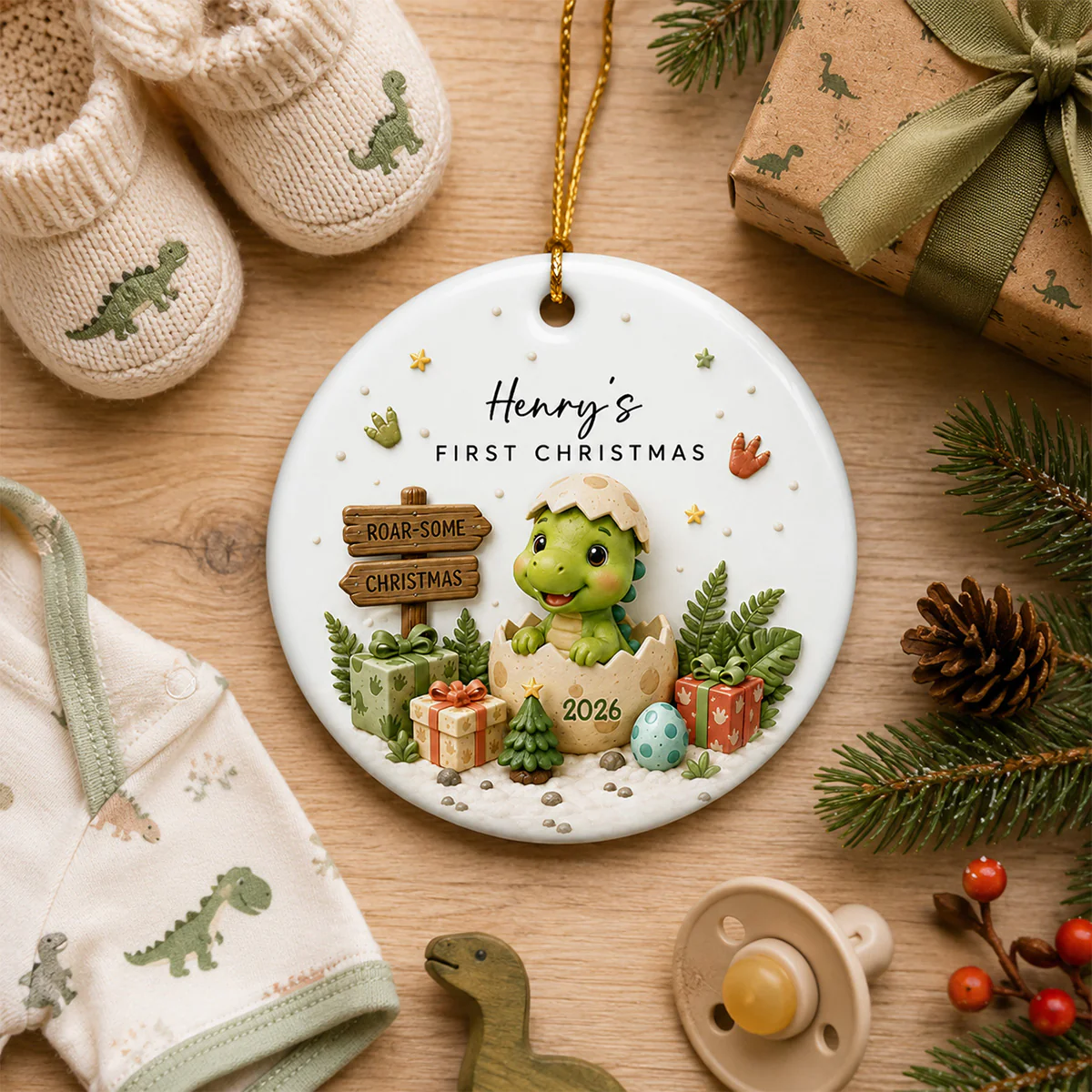 Baby Dinosaur First Christmas 2D Flat - Personalized Ceramic Ornament - Christmas Keepsake - Image 3