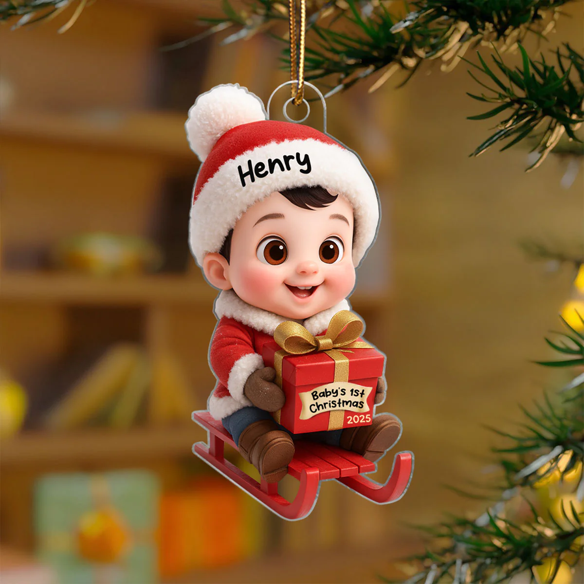 Baby Festive Cheer on a Sled Personalized Acrylic Christmas Ornament, 2025 Keepsake for Newborn - Image 4