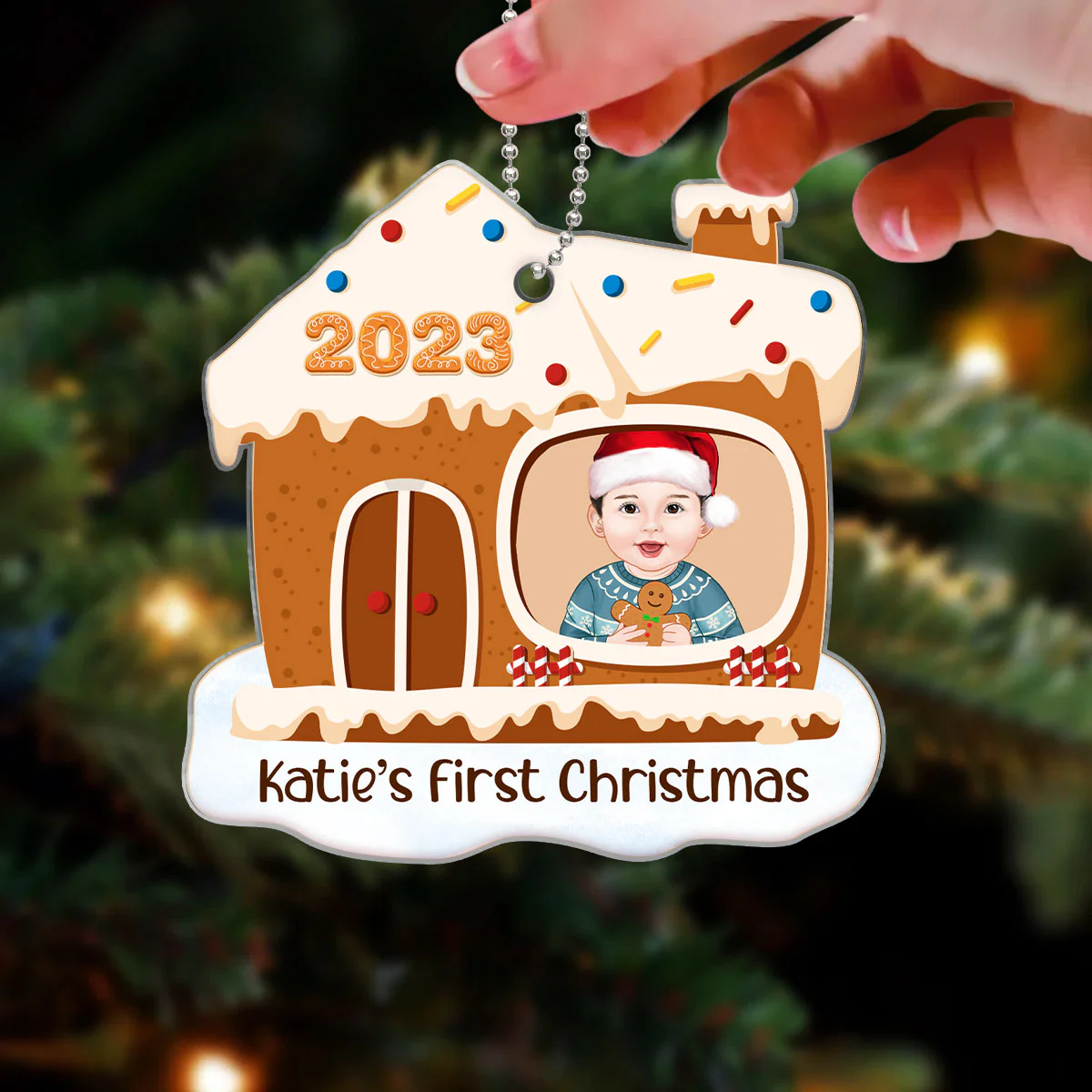 Baby First Christmas Gingerbread House Personalized Acrylic Ornament - Image 3