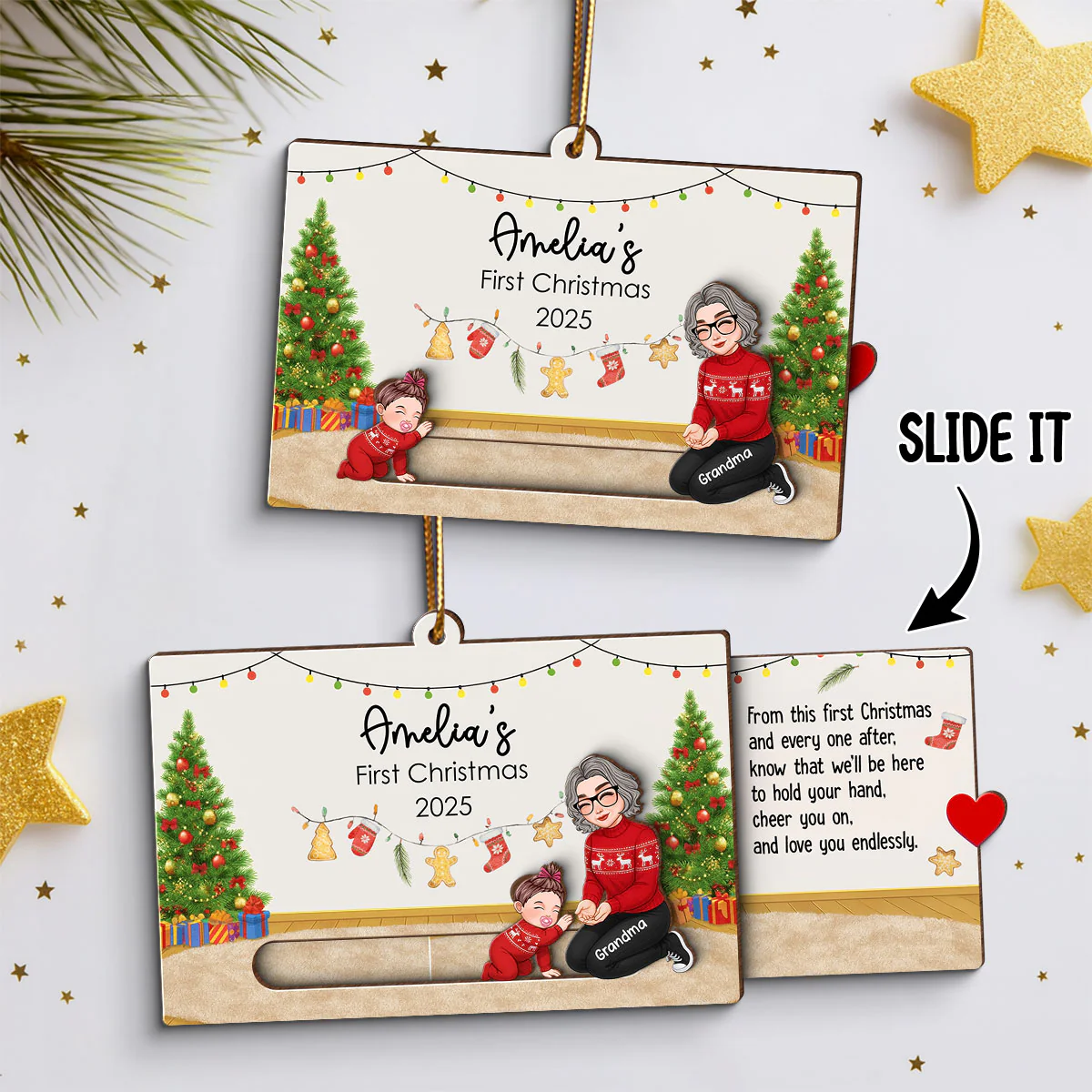 Baby First Christmas Mom Dad Grandma Grandpa - Personalized Slider Ornament - Image 3
