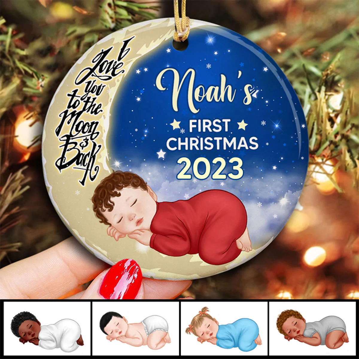 Baby First Christmas Moon Personalized Circle Ornament - Image 2