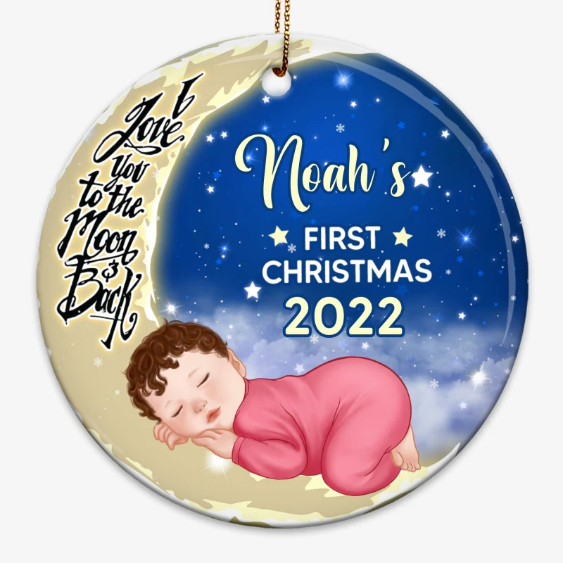 Baby First Christmas Moon Personalized Circle Ornament - Image 3