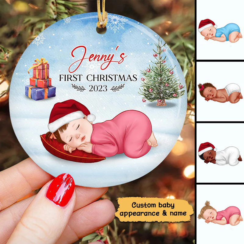 Baby First Christmas Newborn Christmas Tree Personalized Circle Ornament - Image 2
