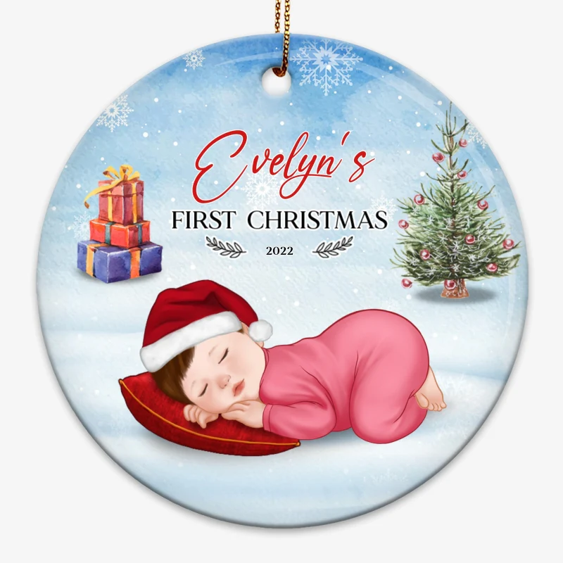 Baby First Christmas Newborn Christmas Tree Personalized Circle Ornament - Image 3