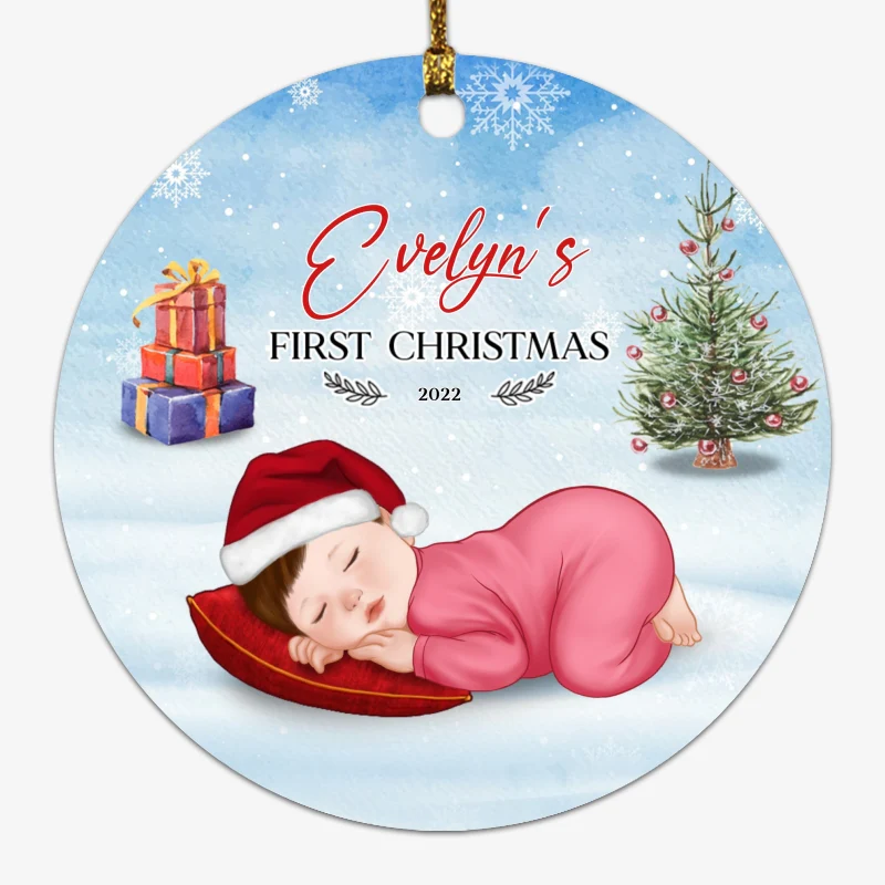 Baby First Christmas Newborn Christmas Tree Personalized Circle Ornament - Image 4