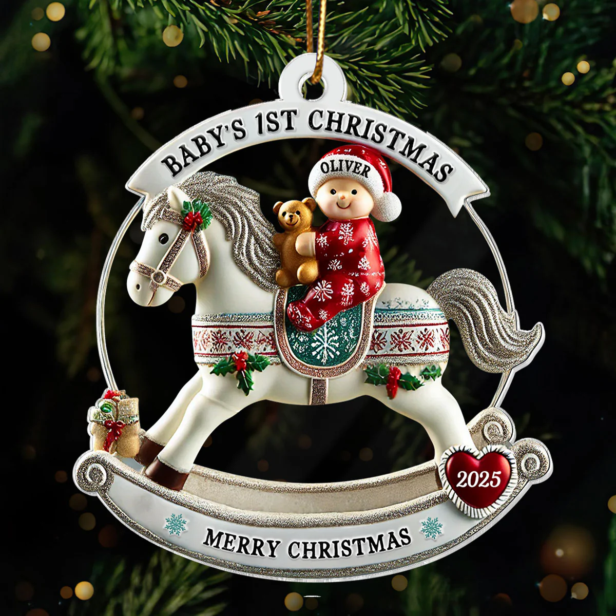 Baby First Christmas Newborn On Horse Keepsake 3D Effect Personalized Acrylic Ornament - Image 2