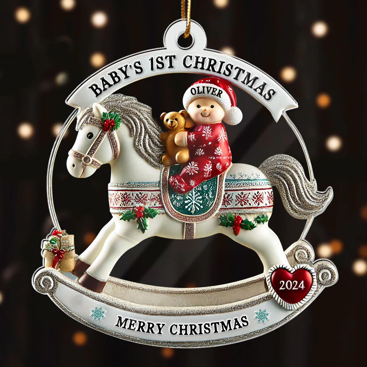 Baby First Christmas Newborn On Horse Keepsake 3D Effect Personalized Acrylic Ornament - Image 3