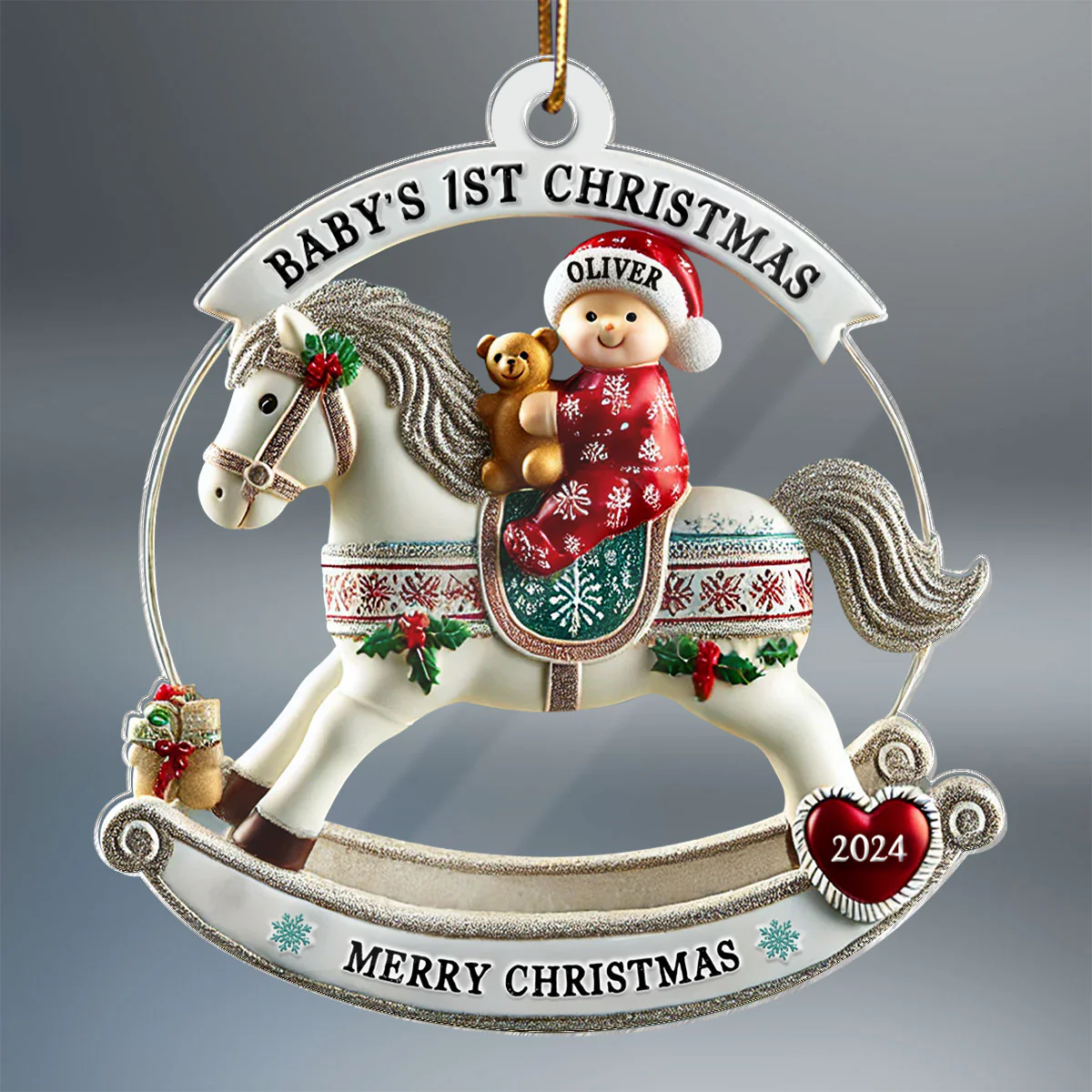 Baby First Christmas Newborn On Horse Keepsake 3D Effect Personalized Acrylic Ornament - Image 4