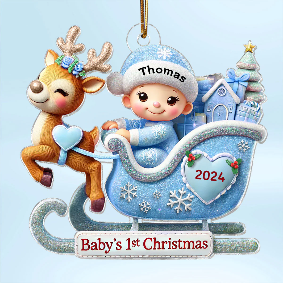 Baby First Christmas Newborn On Sleigh Keepsake - Personalized Acrylic Ornament - Image 2